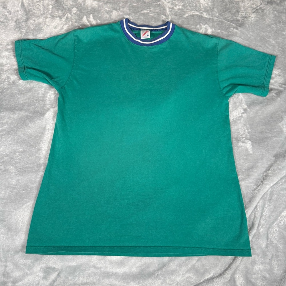 Vintage Jerzees Crewneck Shirt Mens M Striped Collar Faded Teal USA 90s